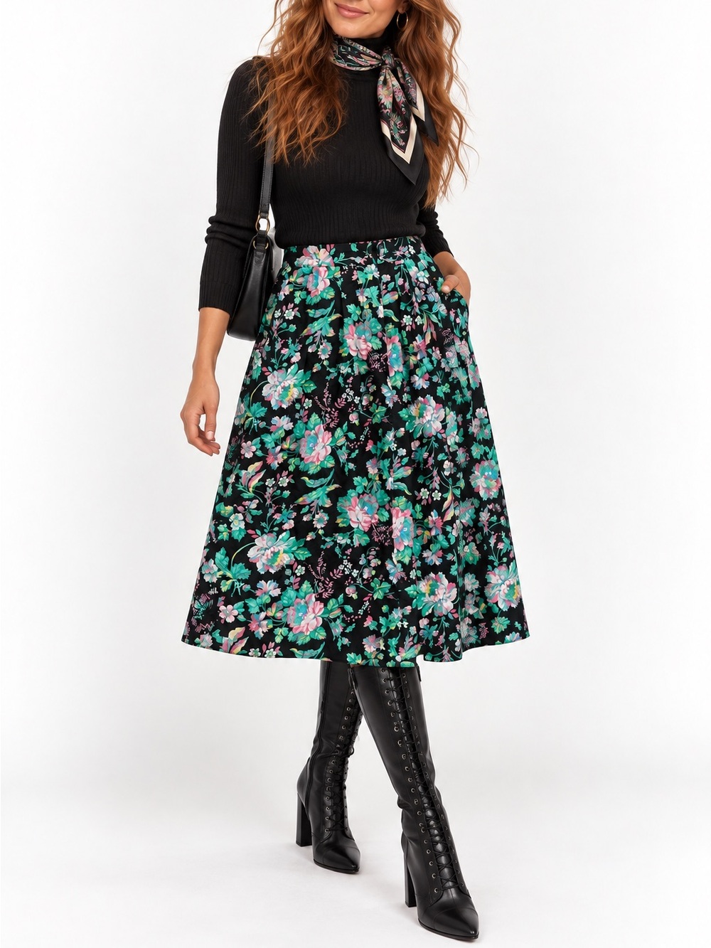 Vintage 70s/80s Dark Floral Cotton Full Midi Skirt – Small made in USA